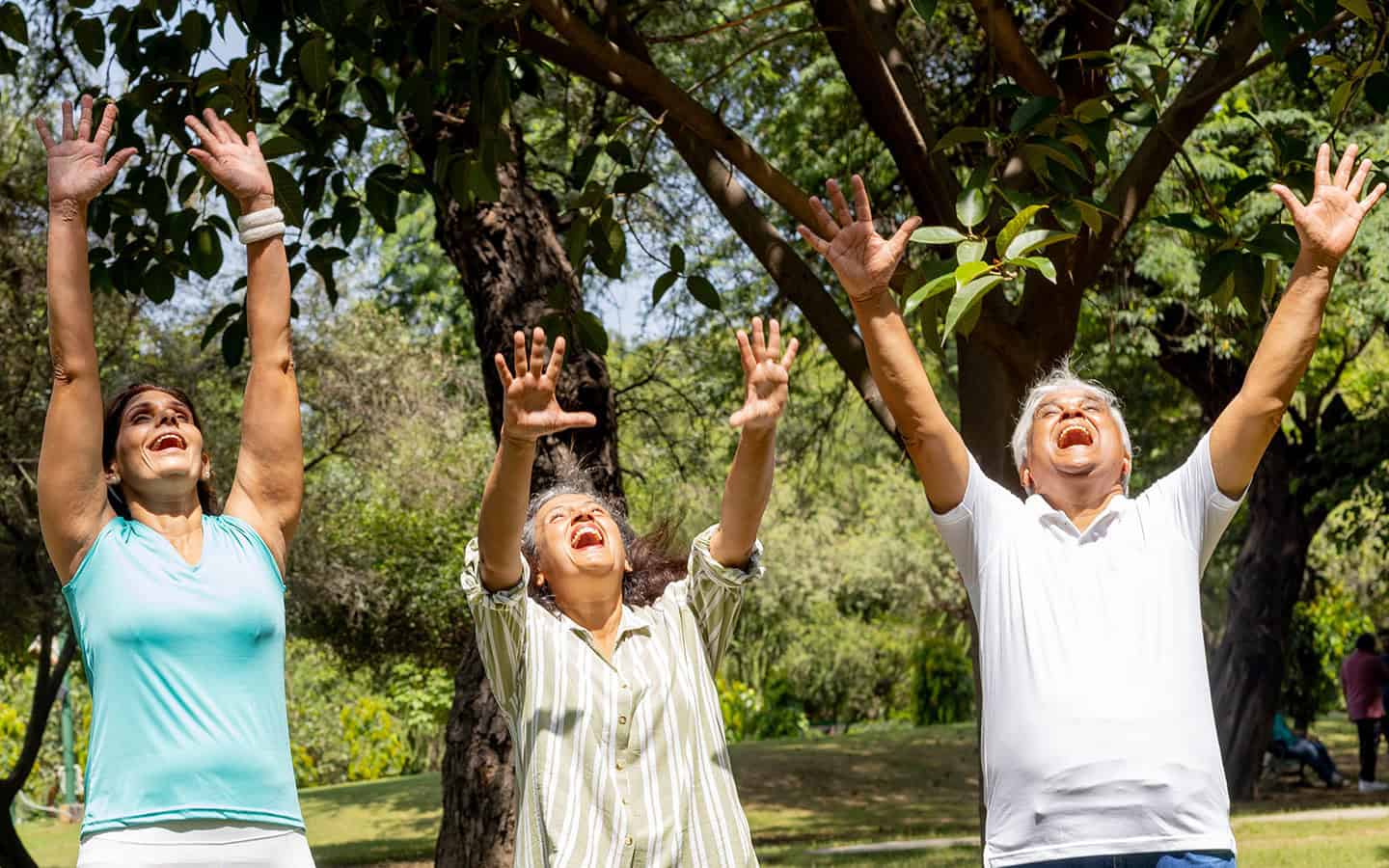 Three happy senior adults outdoors in a park, raising their arms high in the air and laughing joyfully during an active wellness exercise.