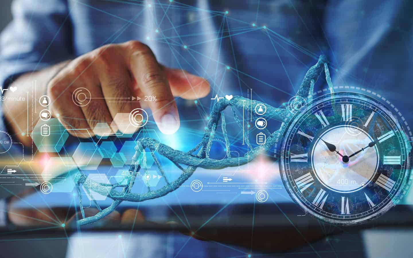 Conceptual graphic of epigenetic biological clocks featuring a hand interacting with a glowing blue DNA strand and a classic clock face surrounded by digital health icons.