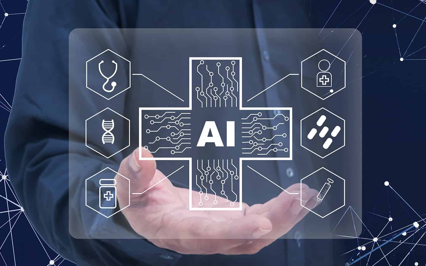 Digital graphic representing artificial intelligence in healthcare, showing an open hand beneath a glowing medical cross with "AI" text surrounded by hexagonal medical icons.