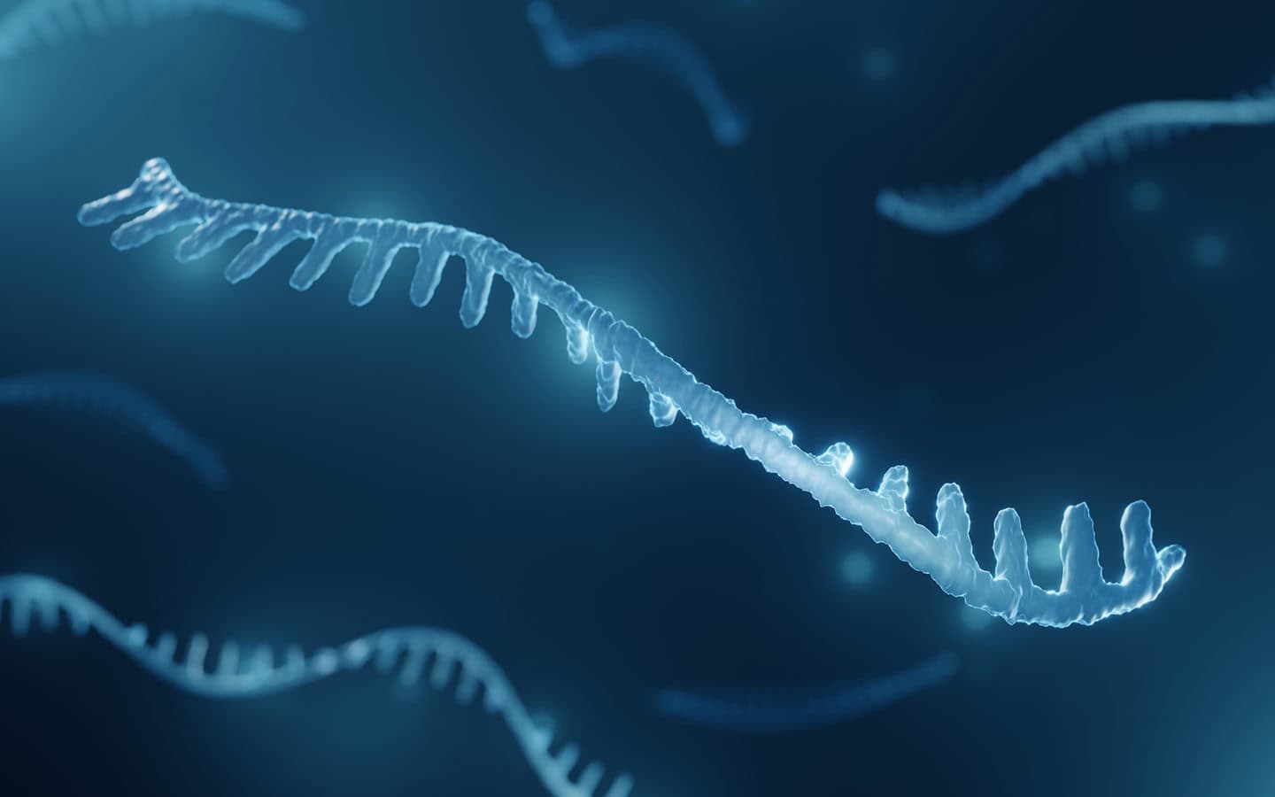 Scientific 3D rendering of a single-stranded microRNA molecule floating in a dark blue microscopic fluid environment.